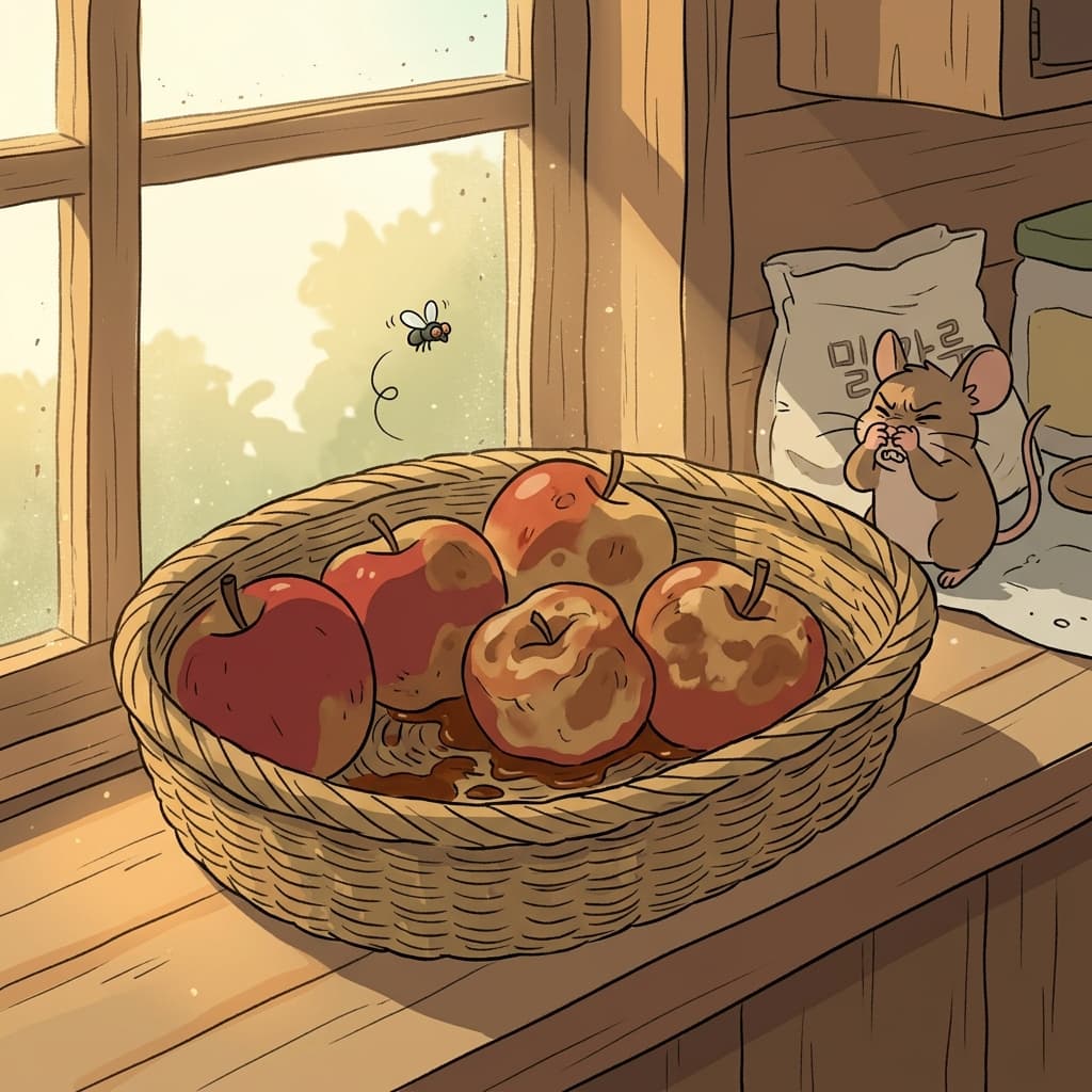 The forgotten apples in the basket slowly began to rot under the summer sun.