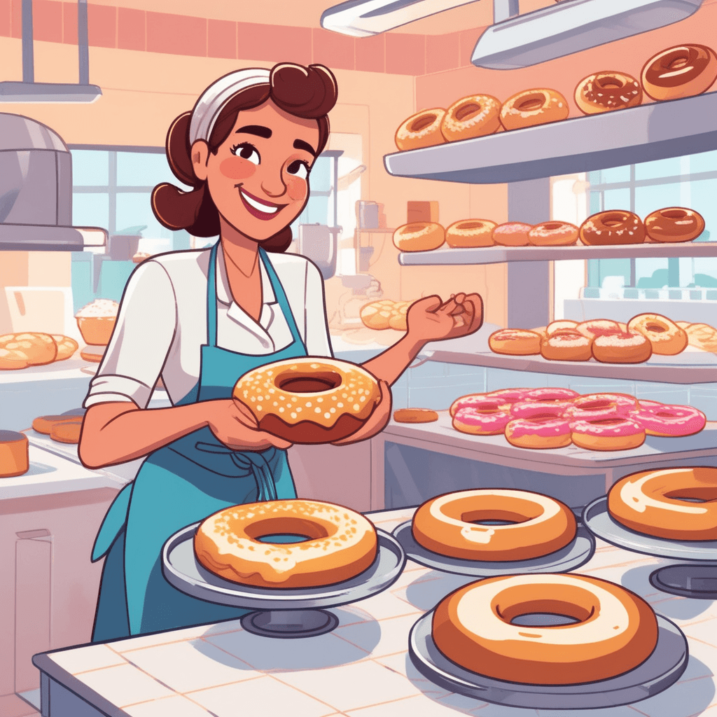 a smiling baker carefully removes perfectly round donuts from a large mixing bowl using tongs. She places each circular donut onto a cooling rack where dozens of other round pastries wait. The donuts maintain their perfect circular shape as steam rises gently from their golden surfaces. Behind her, round bread loaves sit on shelves while round pizza dough spins in the air from another baker's hands. A young apprentice watches in amazement at how every baked good maintains its perfectly curved circular form. objects having a curved shape like a circle or ball