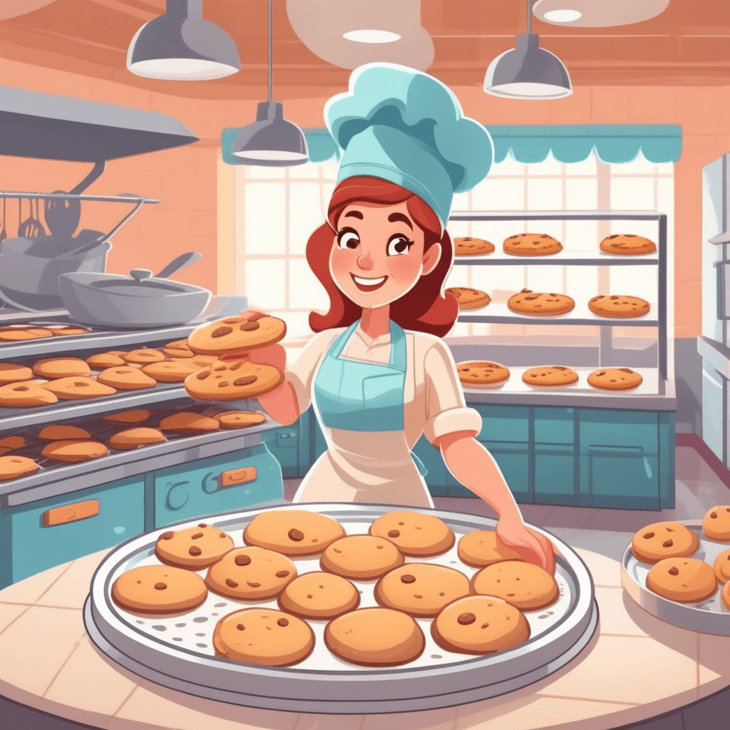 a cheerful baker carefully removes perfectly round cookies from a large oven tray. She places each circular cookie onto a cooling rack with gentle precision. The round cookies are golden brown and steaming hot from the oven. A young apprentice nearby rolls dough into round balls for the next batch. Other round-shaped items fill the kitchen including circular pies, spherical bread rolls, and round cake pans. having a circular or spherical shape through the various round baked goods