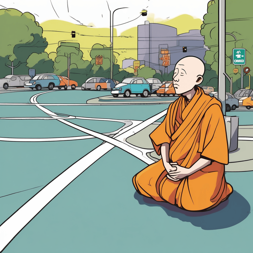 At the roundabout, he stays devout without doubt!