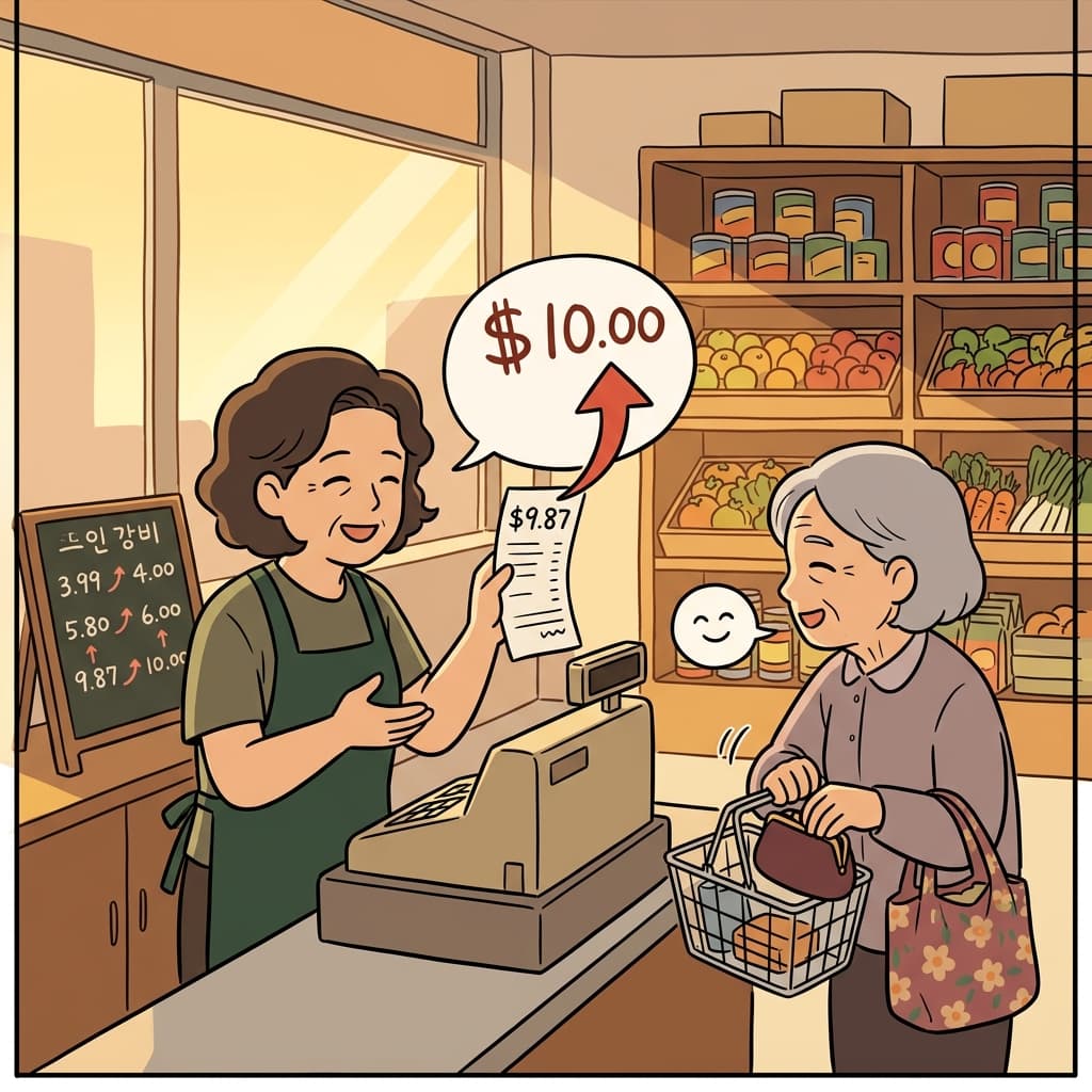 The cashier is rounding the total up to the nearest dollar for simplicity.