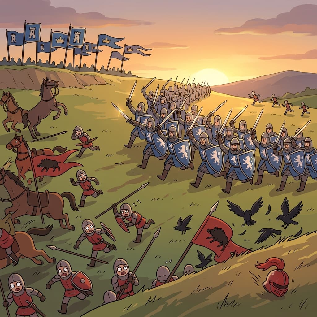 The defenders rout the invading army, sending them fleeing into the hills.