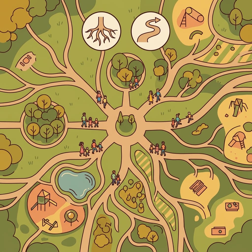 The route spread through the park like the roots of a tree. (ROOT → ROUTE → a route is like a root spreading from one place to another)