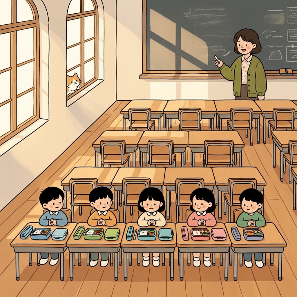 Students sit in a neat row, waiting quietly for the morning class to begin.