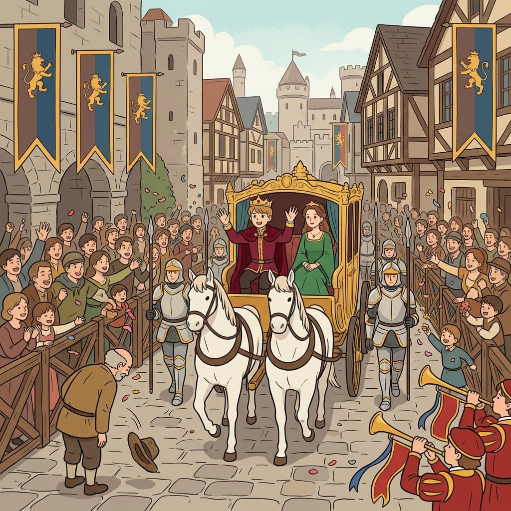 The young prince waves to cheering crowds as royalty parades through the kingdom's main square.