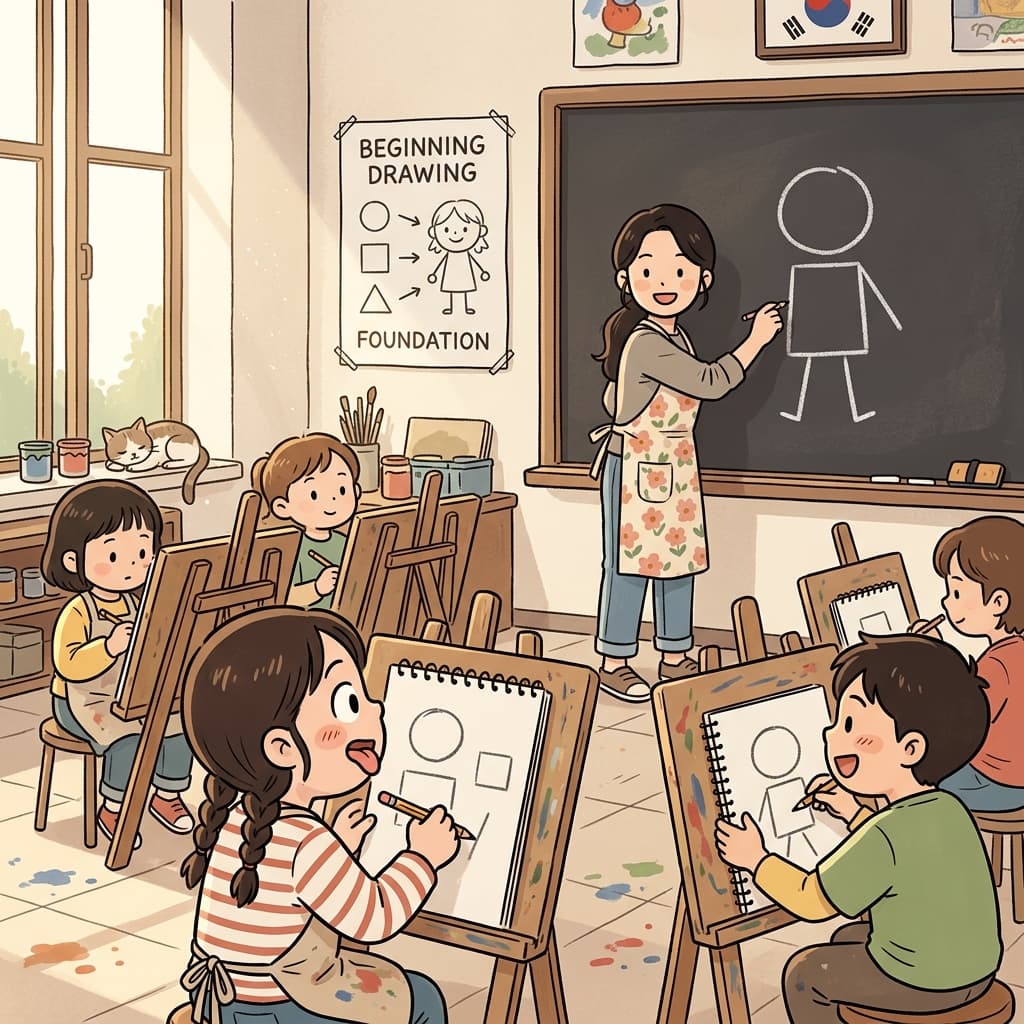 The art teacher shows beginners the rudiment of sketching — simple lines and basic shapes.