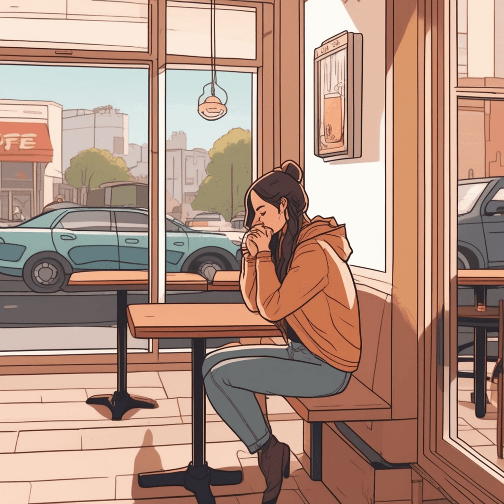 a young woman sits hunched over at a wooden table, holding her head in her hands with a pained expression. Her smartphone lies face-up showing a missed call from someone important. Through the window behind her, she can see a man in a suit walking away down the sidewalk with slumped shoulders. The call came too late after their argument the night before, and now he's moving away forever. A barista in the background glances over with concern at the woman's obvious distress. Other customers continue their conversations while she remains frozen in her moment of anguish. someone feeling deep regret and remorse about something they cannot change