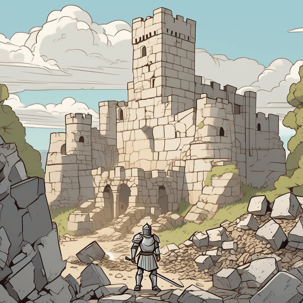 a knight in armor stands among massive fallen stone blocks and crumbled castle walls. His shoulders slump as he looks at what remains of his once-magnificent fortress. The earthquake has toppled the tall towers and left gaping holes in the main walls. Wooden beams stick out at broken angles from the rubble piles. A few villagers in the background point at the destruction with worried expressions. Birds fly away from the unstable remaining structures. a castle that has been completely destroyed and severely damaged