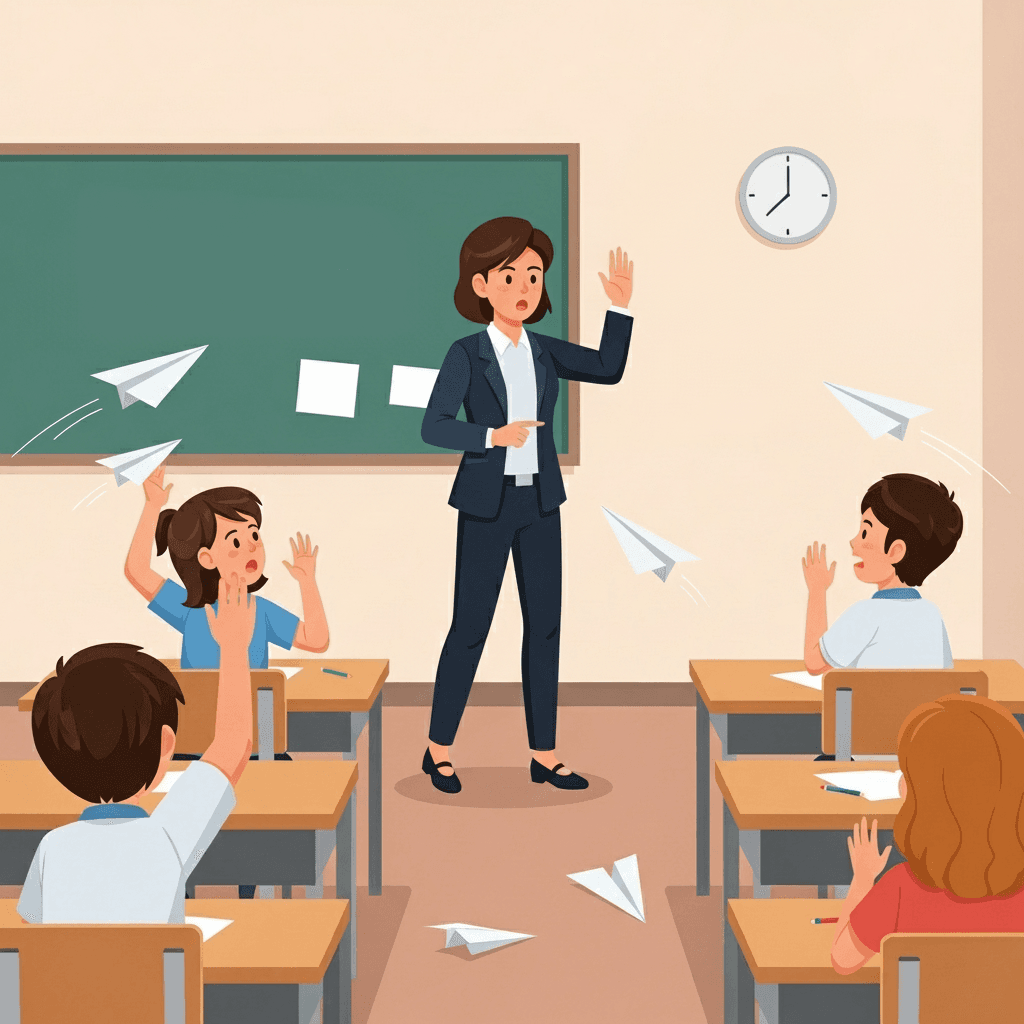 A teacher enforces a classroom rule when students start throwing paper airplanes.