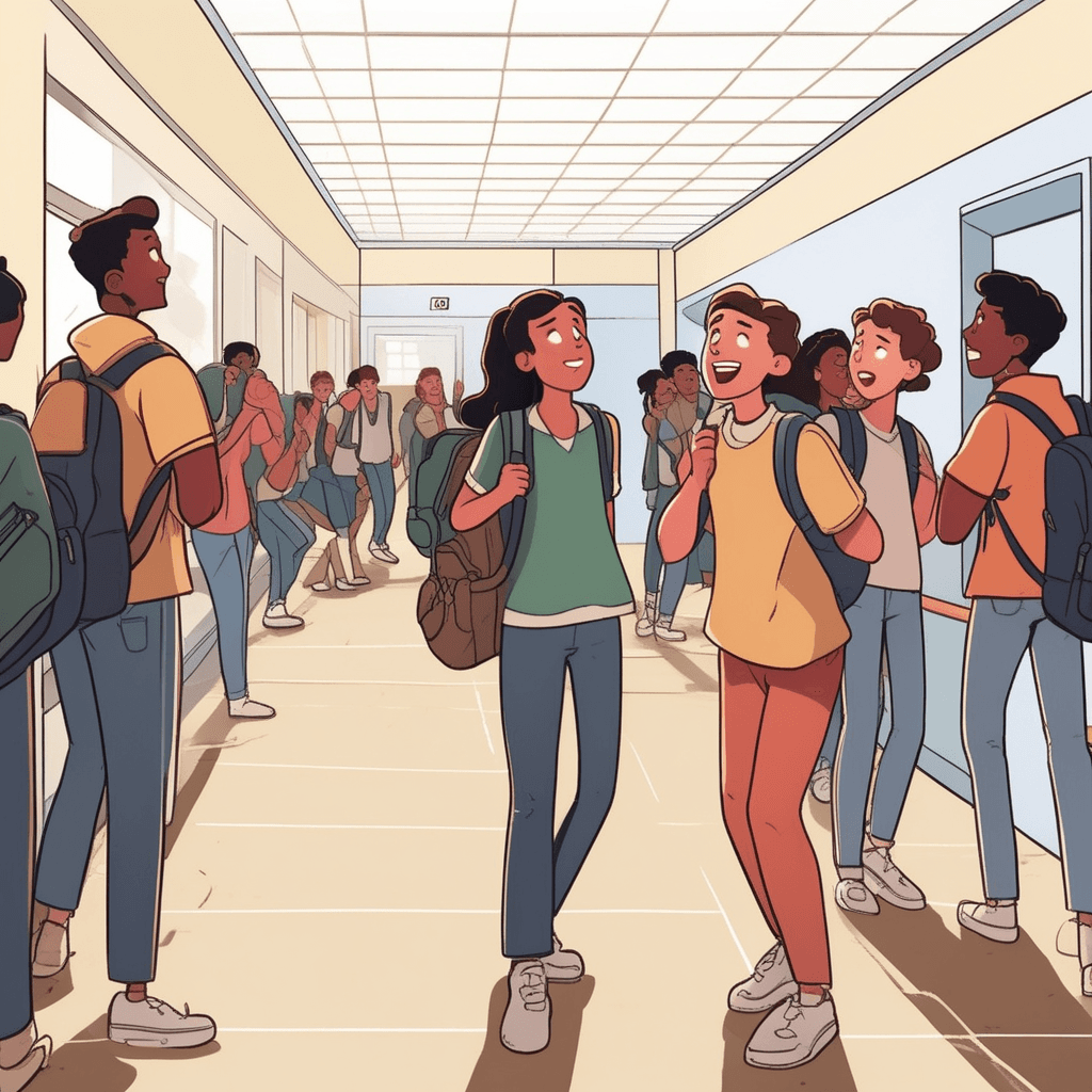 one student leans close to another's ear, whispering something with an excited expression while gesturing dramatically. The listening student's eyes widen with surprise and intrigue at hearing the information. Immediately, the second student turns to whisper the same thing to a third person nearby. The third student reacts with shock and starts moving toward another group to share what they just heard. Other students in the hallway are clustered in small groups, all engaged in similar hushed conversations with animated expressions. a story or statement spreading without confirmation or certainty as to facts