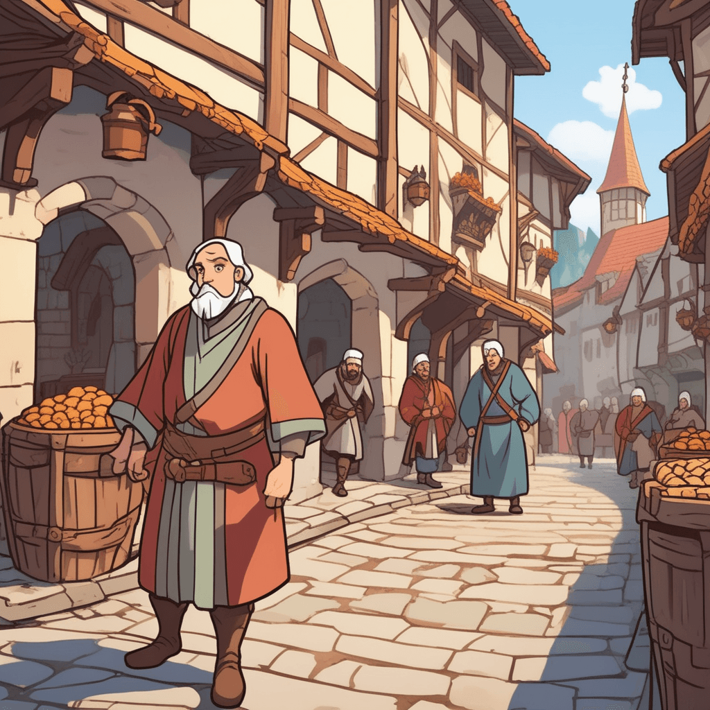 a sly merchant in colorful robes pretends to accidentally drop a small pouch while walking past a wealthy-looking customer. The merchant quickly bends down and picks up the pouch, then approaches the customer claiming he saw them drop it. The customer looks confused but accepts the pouch, not realizing it contains worthless stones instead of the gold coins they expect. Meanwhile, the merchant has already pickpocketed the customer's real coin purse during the distraction. Other marketplace visitors continue shopping in the background, unaware of the clever deception taking place. a cunning stratagem being used to deceive someone
