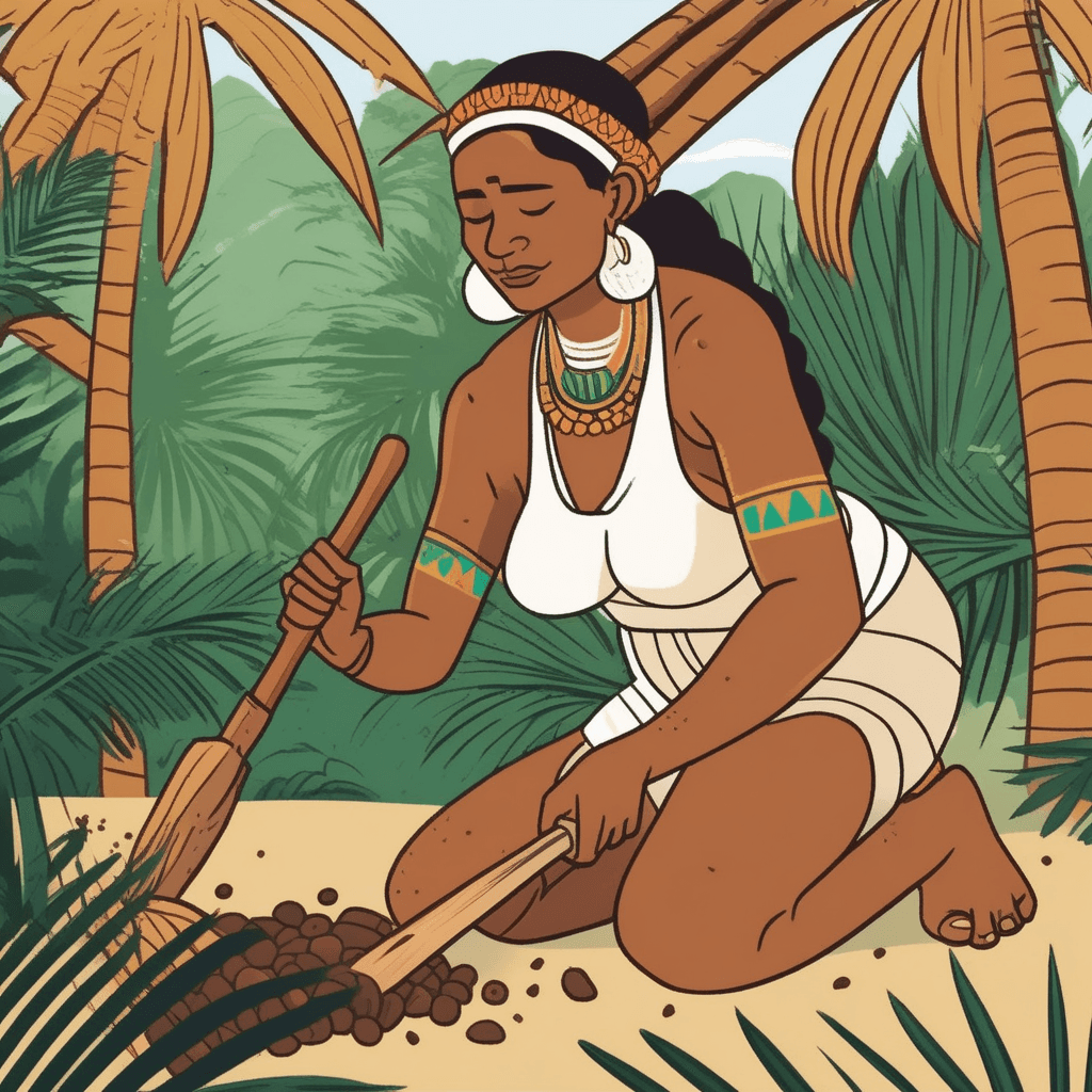 Extracting starchy sago from palm tree