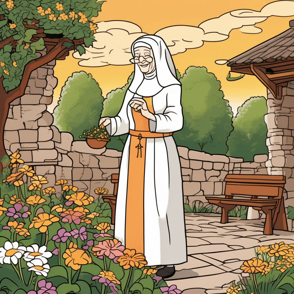 Her saintly smile glows faintly in the quaintly peaceful garden