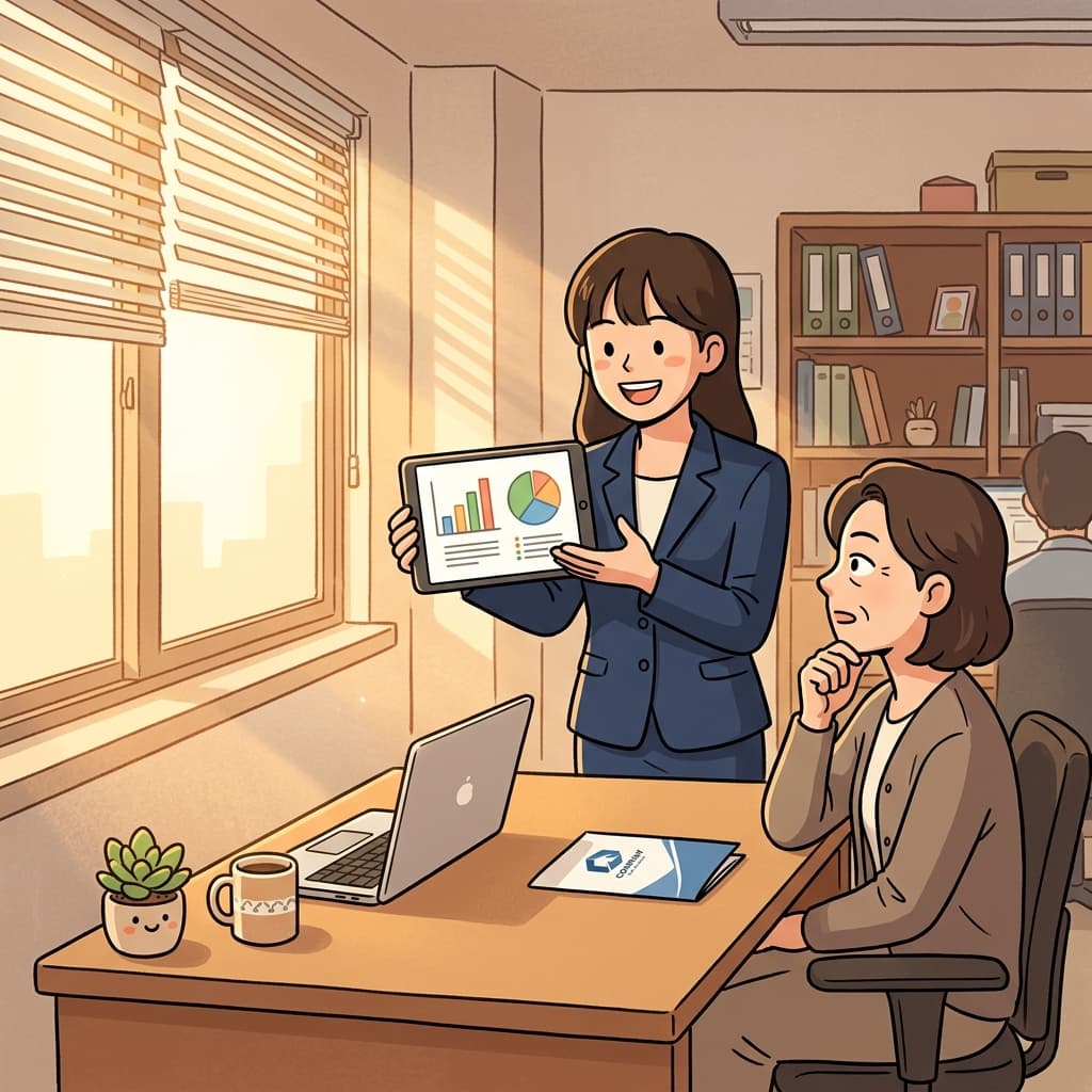 The eager rep makes a sales call, pitching software to a curious office manager.
