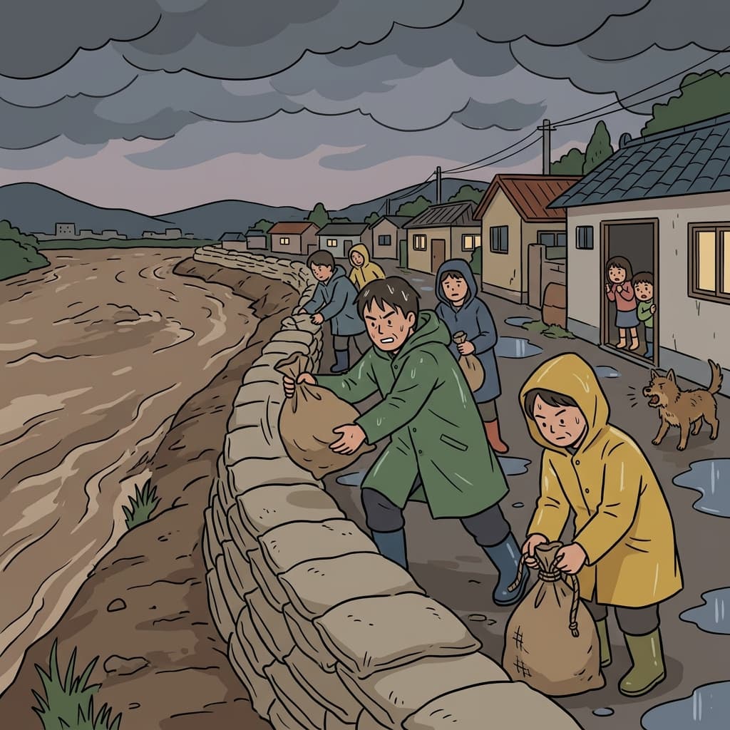 Workers stack sandbag walls along the river as the flood approaches.