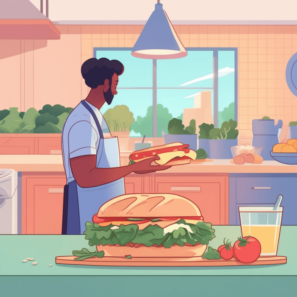 a person carefully places fresh lettuce and tomato slices on top of turkey and cheese that sits between two pieces of bread. They press the top slice of bread down gently to complete the layered creation. The assembled food item now shows multiple ingredients stacked neatly between the bread slices. A child nearby watches eagerly with a plate ready, while another family member cuts a similar layered creation in half nearby. two or more slices of bread with a filling between them