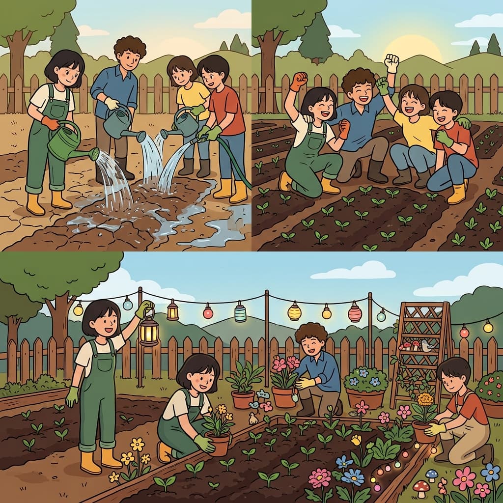 After the soil reached saturation, the gardeners celebrated with joyful decoration.