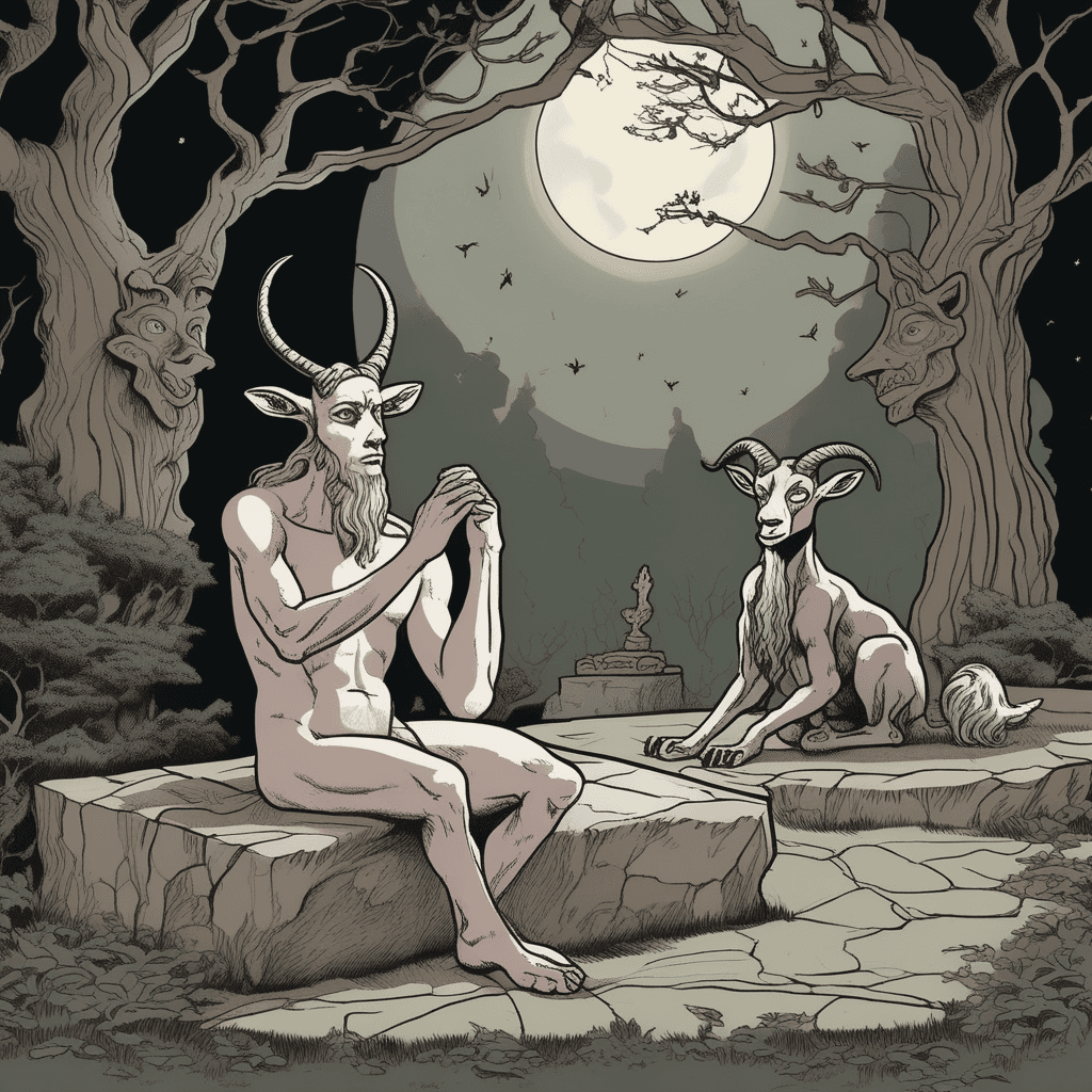 Even a wild satyr finds solace in prayer, accompanied by a mystical player.