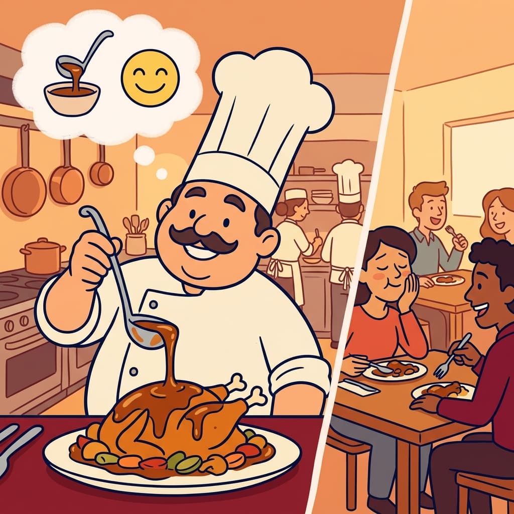 The chef added a special sauce, and everyone thought the meal was awesome. (SAUCE ≈ "SO AWESOME!" → the sauce makes food taste awesome)