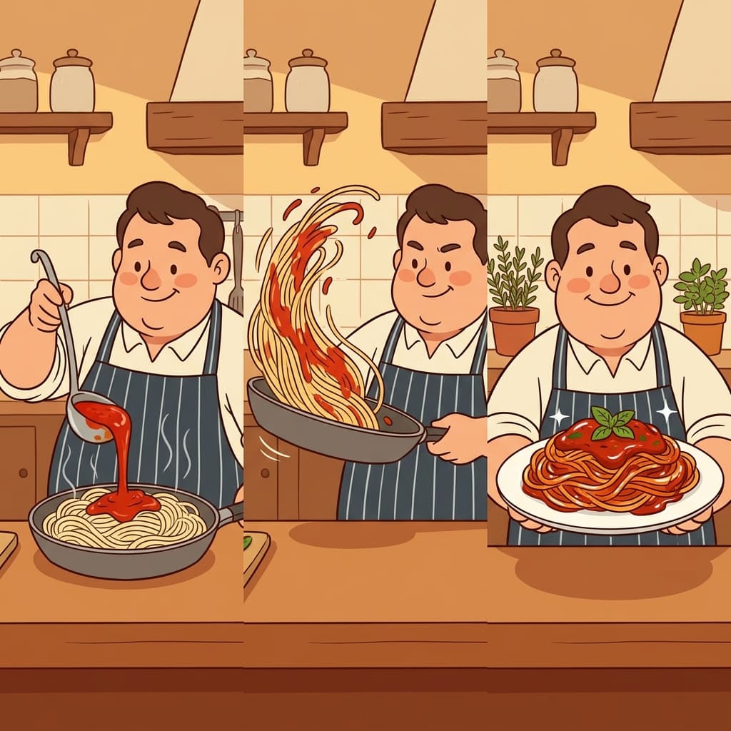 The cook added sauce, gave the pasta a toss, and created a glossy dish.