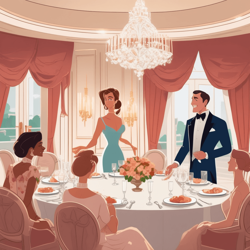 a poised woman in an elegant dress gracefully handles multiple conversations while balancing a wine glass and appetizer plate. She smoothly transitions from greeting new guests to introducing people who haven't met. When someone accidentally spills wine near her, she quickly offers her napkin with a warm smile while seamlessly redirecting the conversation to put everyone at ease. Her calm demeanor and perfect timing help turn an awkward moment into light laughter. Other party guests around her visibly relax and smile, drawn to her natural social confidence. the ability to act appropriately and gracefully in social situations