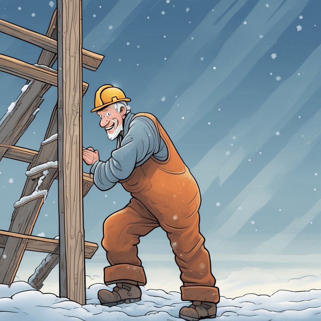 On scaffold cold, stands worker old.