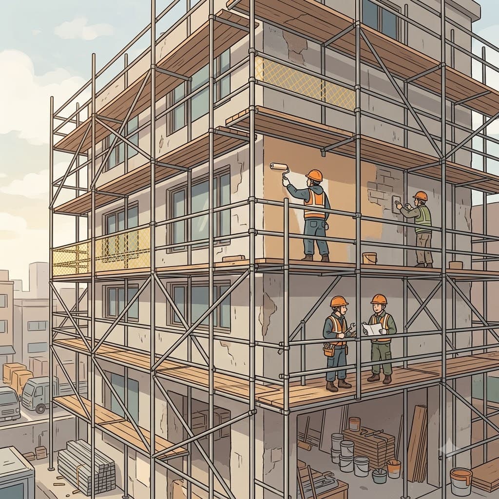 Workers stood on the scaffolding while repairing the tall building.