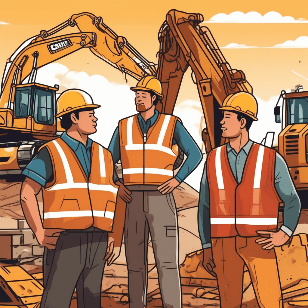 a construction foreman holds up his hands in a stopping gesture while pointing to workers operating large bulldozers and cranes. The foreman directs several workers to move the heavy machinery away from the work area. As the equipment gets relocated, fewer workers remain active on the construction site. The remaining crew focuses on a much smaller section of the original work area. Other workers pack up tools and materials that are no longer needed for the reduced project. the construction operation being scaled back to a smaller size and scope