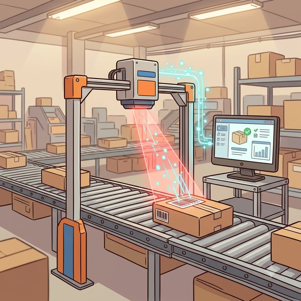 The scanner reads the barcode on each package and sends the information to the computer. (SCAN = examine or read something electronically)