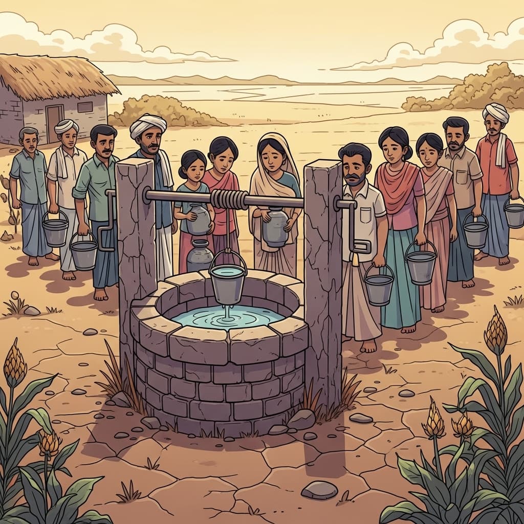 Villagers crowd a dry well where water scarcely trickles from the cracked earth.