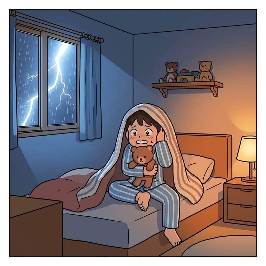 The little boy looked scared when thunder cracked outside his window.