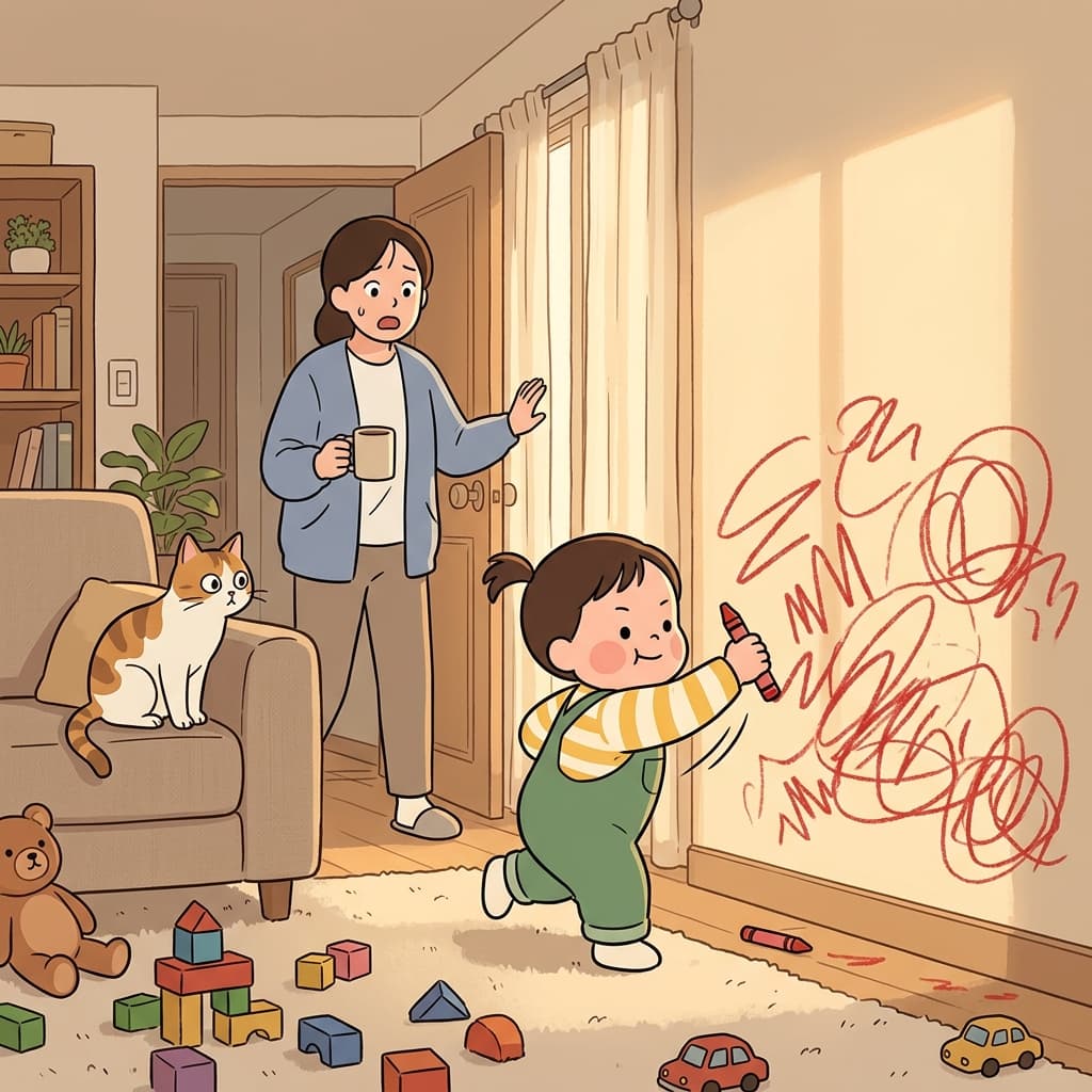 The toddler scrawls wild crayon loops across the living room wall.