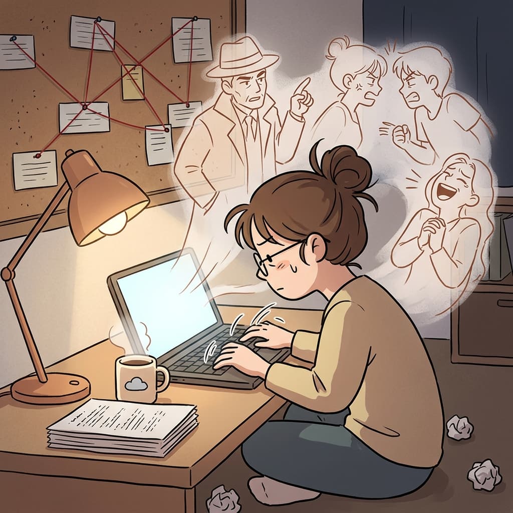 The screenwriter types furiously as characters come alive on the wall behind her.
