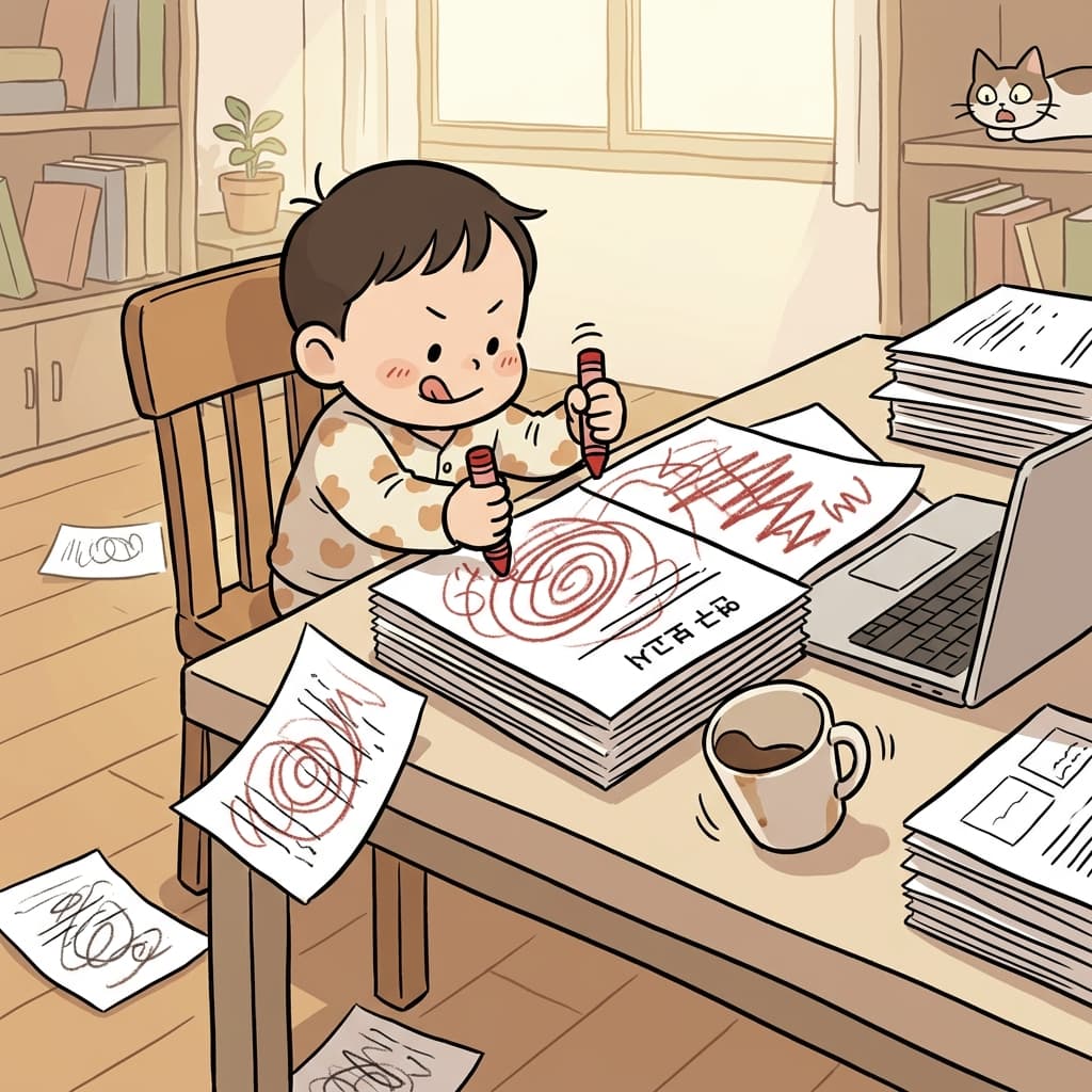 The toddler scribbles wild loops all over his dad's important report.