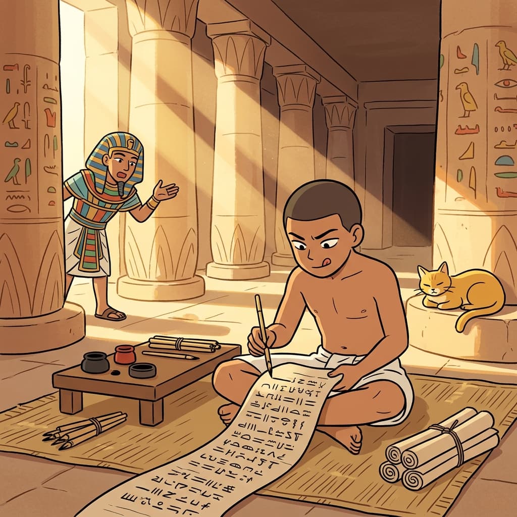 An ancient Egyptian scribe carefully records the pharaoh's decree onto a papyrus scroll.