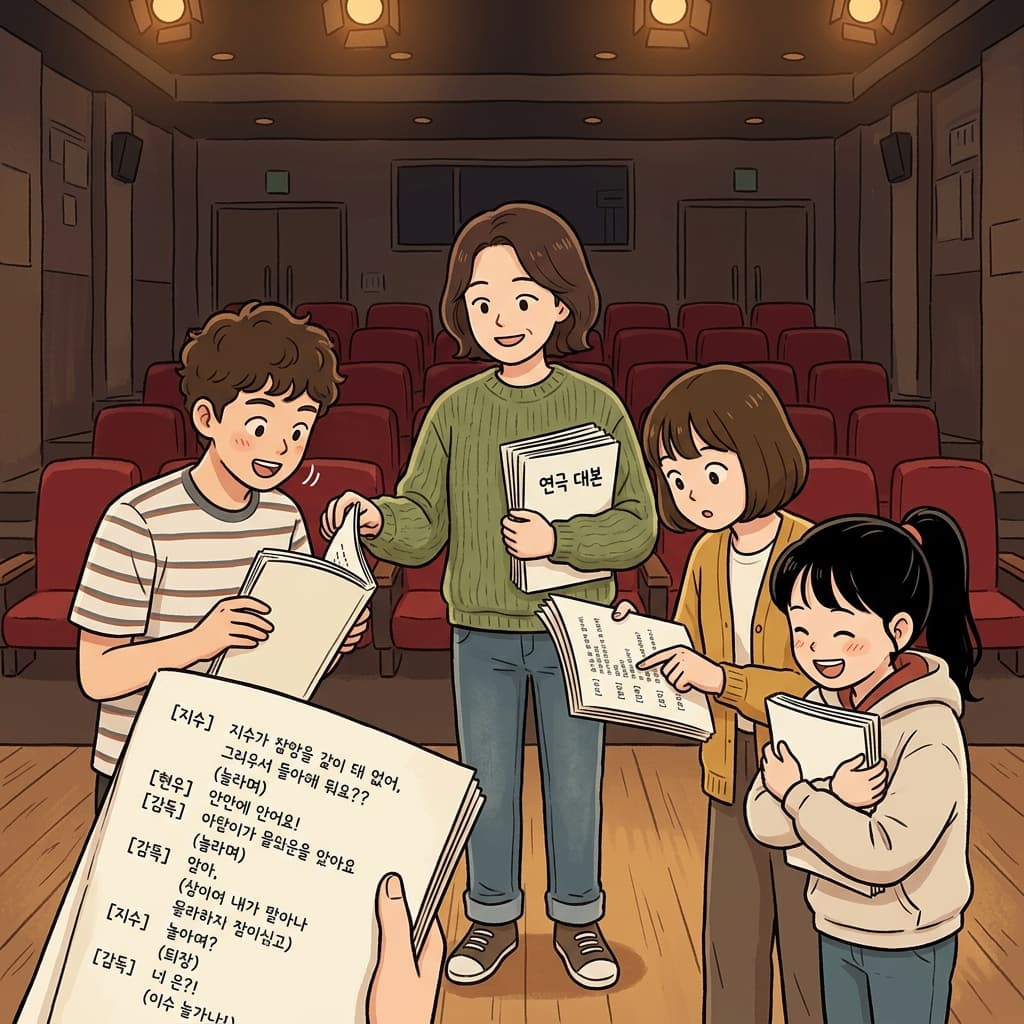 The director hands the actors a fresh script before rehearsal starts.
