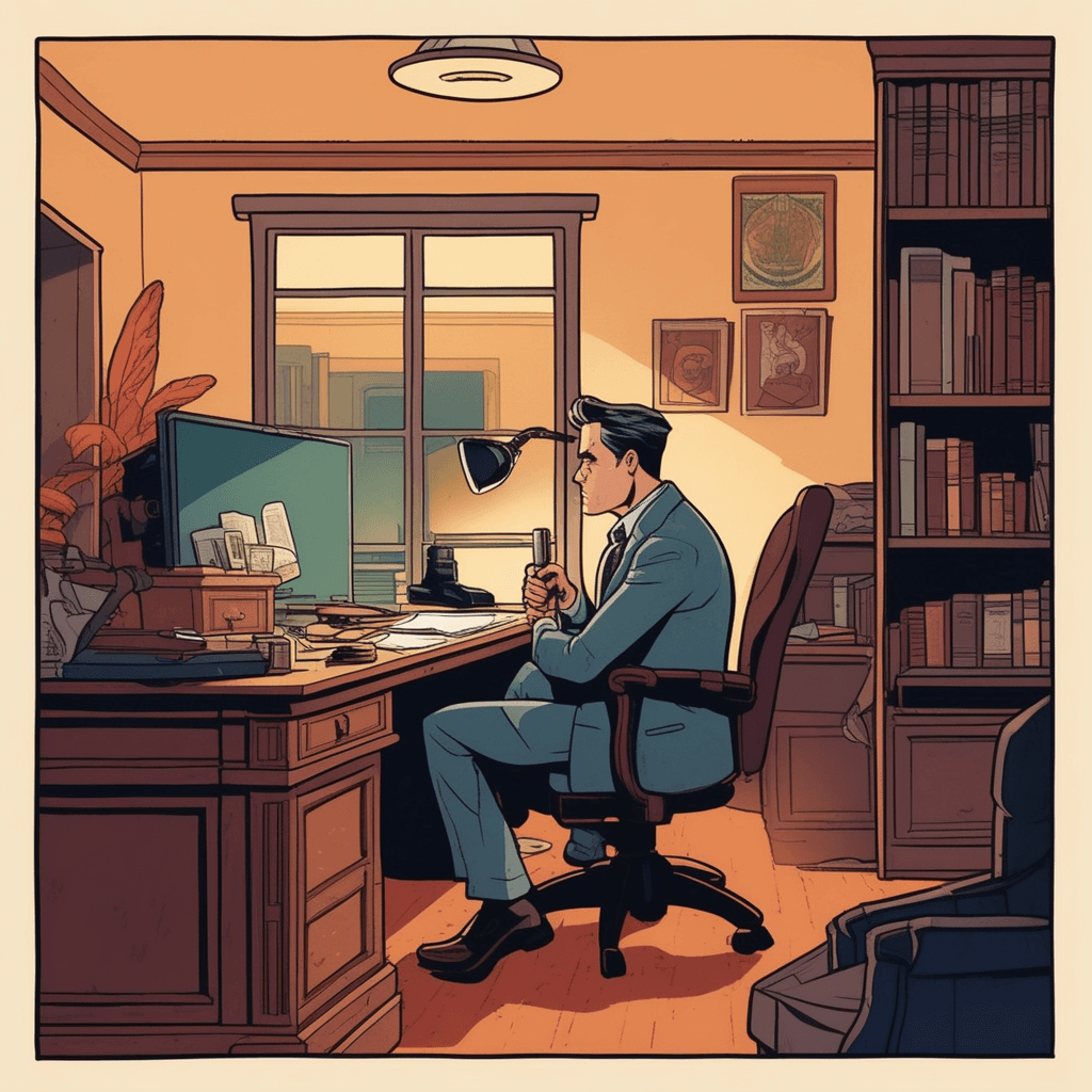 a detective leans forward across his desk, staring directly into the eyes of a nervous witness sitting opposite him. The detective's eyes are narrowed and focused as he studies every facial expression and gesture for clues. The witness shifts uncomfortably under the intense gaze, beads of sweat forming on their forehead. Small details around the room like magnifying glasses and evidence photos emphasize the thorough investigation. The detective's penetrating stare seems to look right through to the person's soul, seeking hidden truths. someone looking searchingly in a way that seeks to discover something penetratingly and deeply
