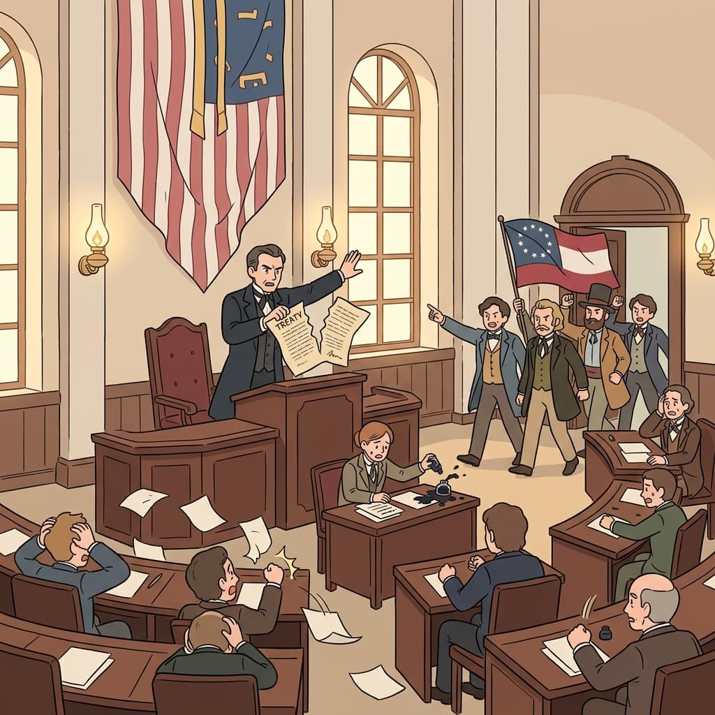 Southern states announce their secession from the Union in a grand 1860s hall.