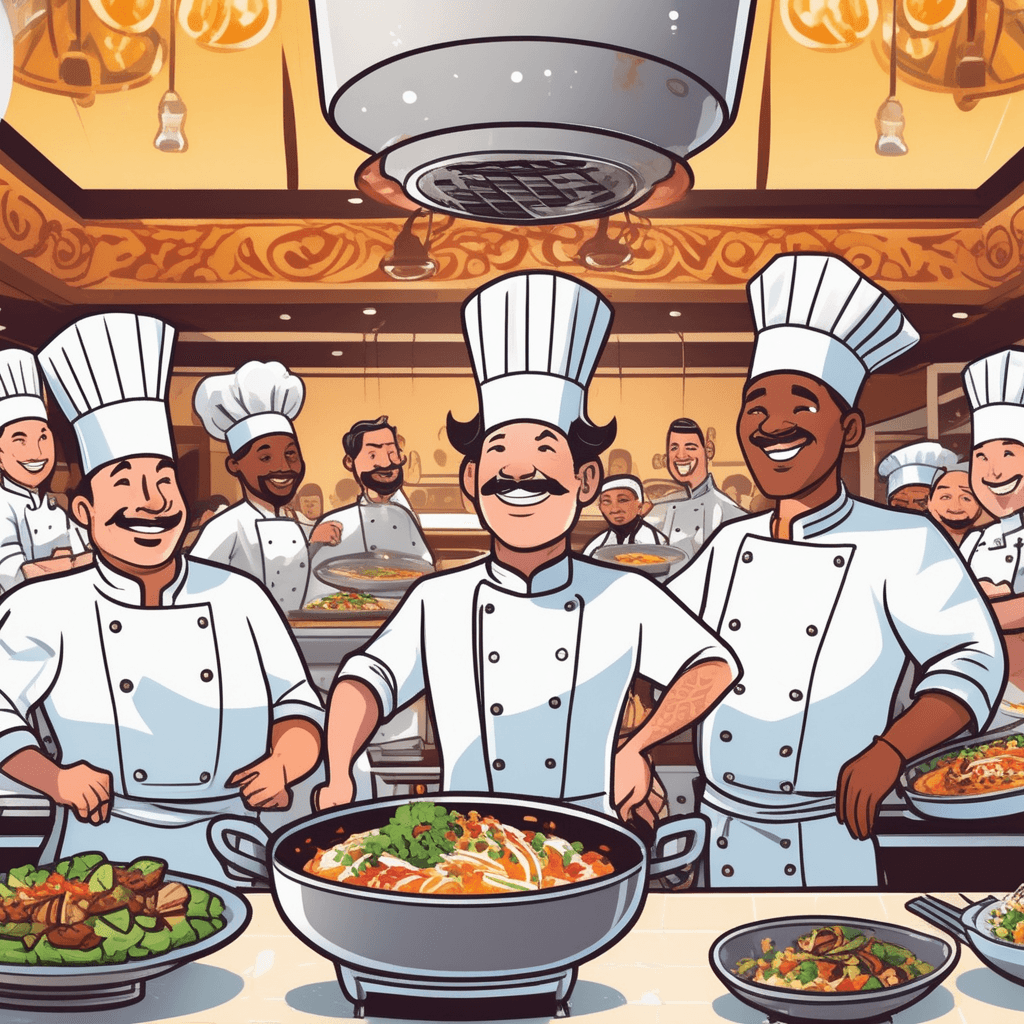 a confident chef proudly presents an elaborately decorated gourmet dish while other chefs look on in admiration. The winning dish sparkles with perfect garnishes and artistic plating that outshines all others. Meanwhile, other competing chefs at nearby stations pause their work to stare at the exceptional creation. Their own dishes appear simple and ordinary in comparison to the masterwork. Several judges approach with expressions of awe and delight toward the superior dish. One judge raises a golden trophy toward the victorious chef. someone whose skills are better than all others and truly the best