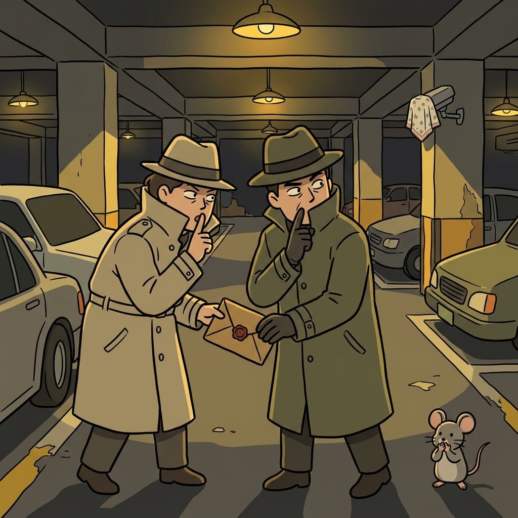 The spies maintain strict secrecy as they exchange the sealed envelope.