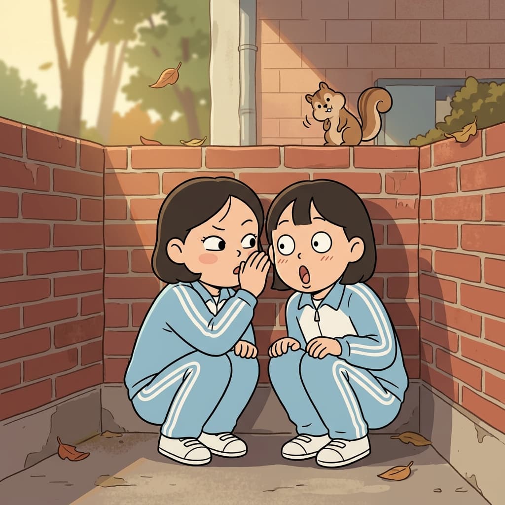Two kids share a secret behind the school gym, whispering carefully.