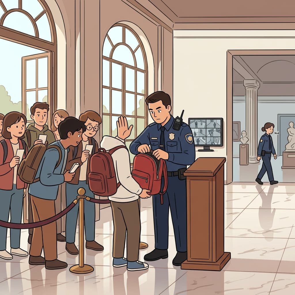 The security guard checks every bag at the museum entrance.