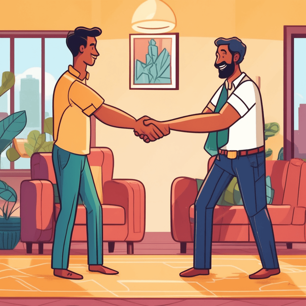 a young tenant hands a stack of cash to a friendly landlord while they shake hands. The landlord accepts the money with a reassuring smile and gesture toward the apartment keys on the coffee table. The tenant looks relieved knowing this money will be returned if the apartment stays in good condition. The landlord places the cash in a secure envelope while pointing to the undamaged walls and furniture around them. Both people appear satisfied with this protective financial arrangement. money paid as a guarantee for potential damages that is typically refundable