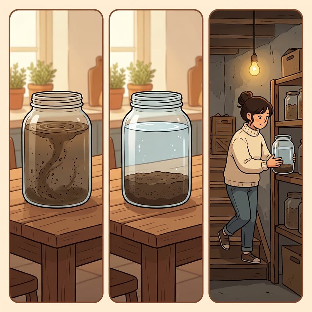 The muddy water settled, sediment collected at the bottom, and the jar was carried to the basement.