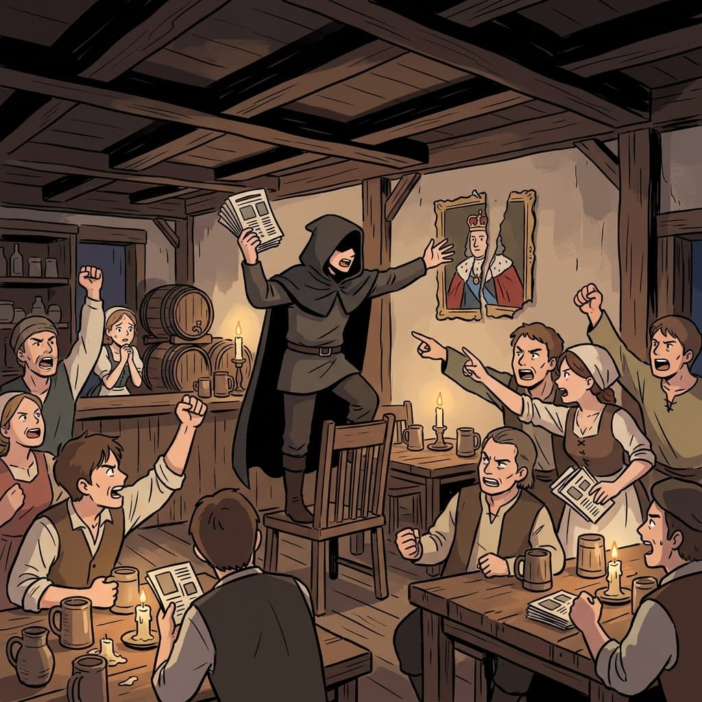 The seditious pamphlets in the tavern urged citizens to overthrow the king.