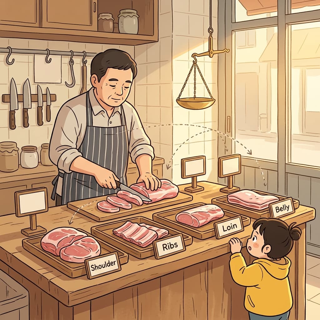 The butcher shows careful segmentation, dividing the whole cut into neat portioned sections.
