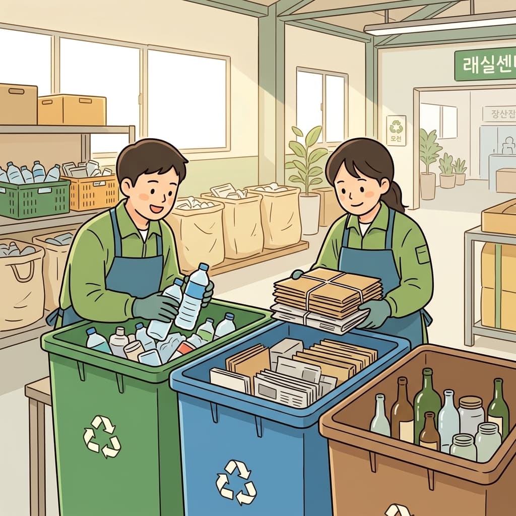 The plastic, glass, and paper were kept segregated in separate recycling bins.