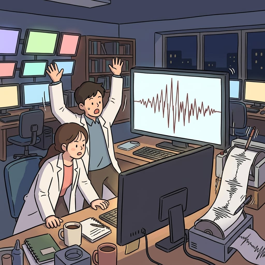 Scientists watch the seismic wave ripple across the monitor after the quake hits.
