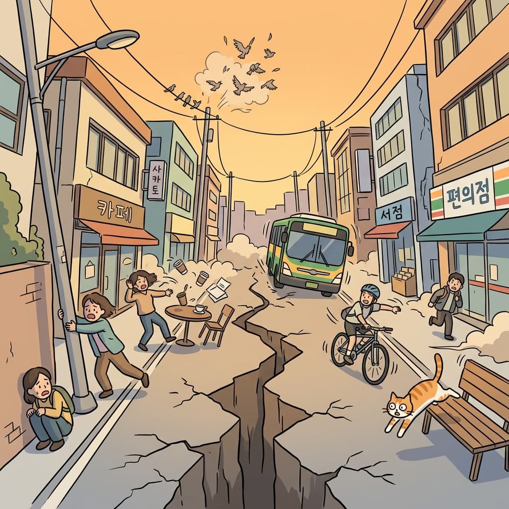 A seismic tremor cracks the street as pedestrians grab lampposts for balance.
