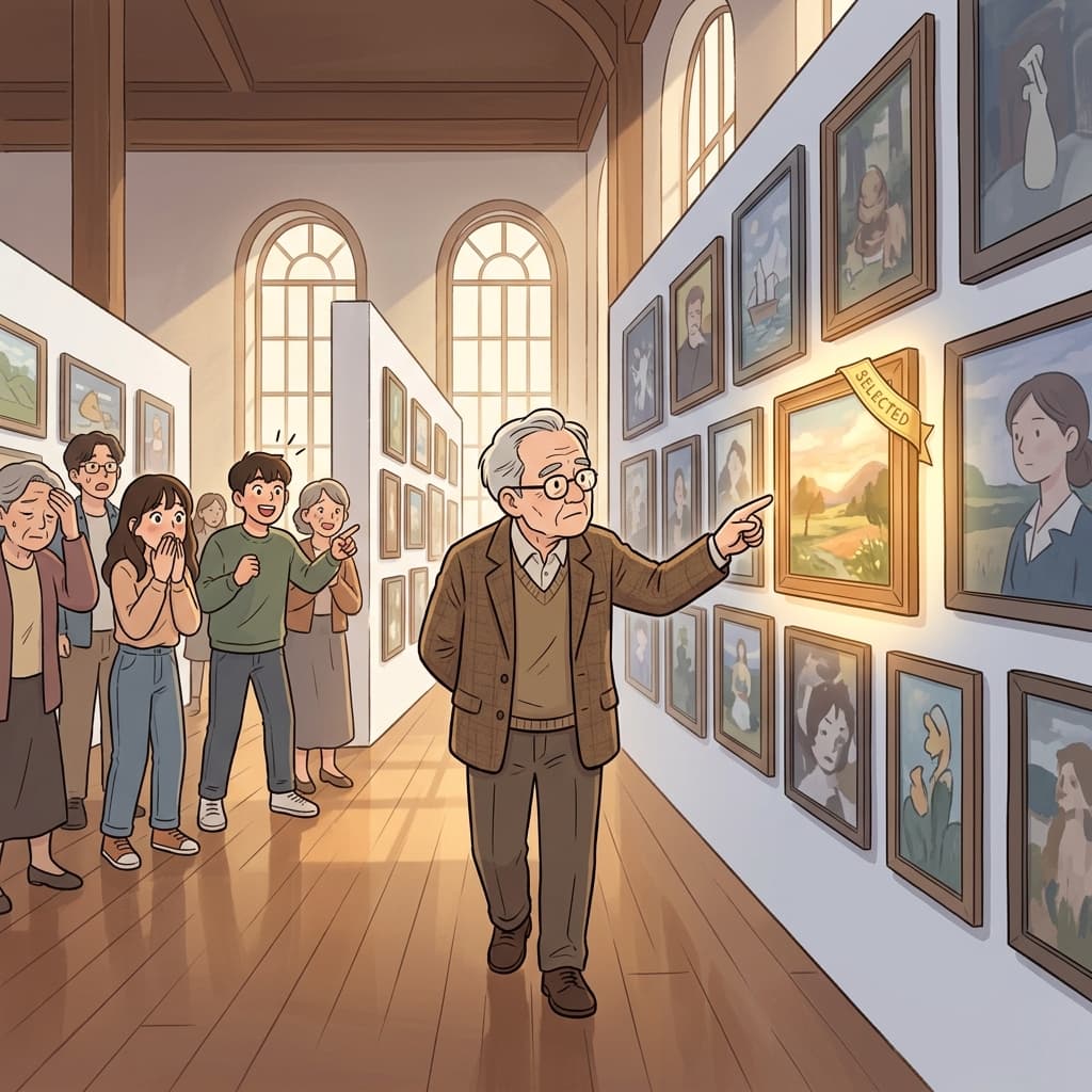 The judge carefully selected the winning painting from hundreds of entries.